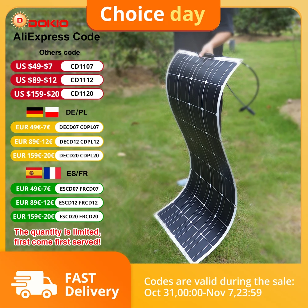 DOKIO Pannello Solare 18V Pannelli Solari Solar Panel Portatile + 12V Caricabatteria Con 5V USB Per Camper/Camping/Power Bank/Batterie/Balcone Impianto Flessibile Fotovoltaico Completo Accessories