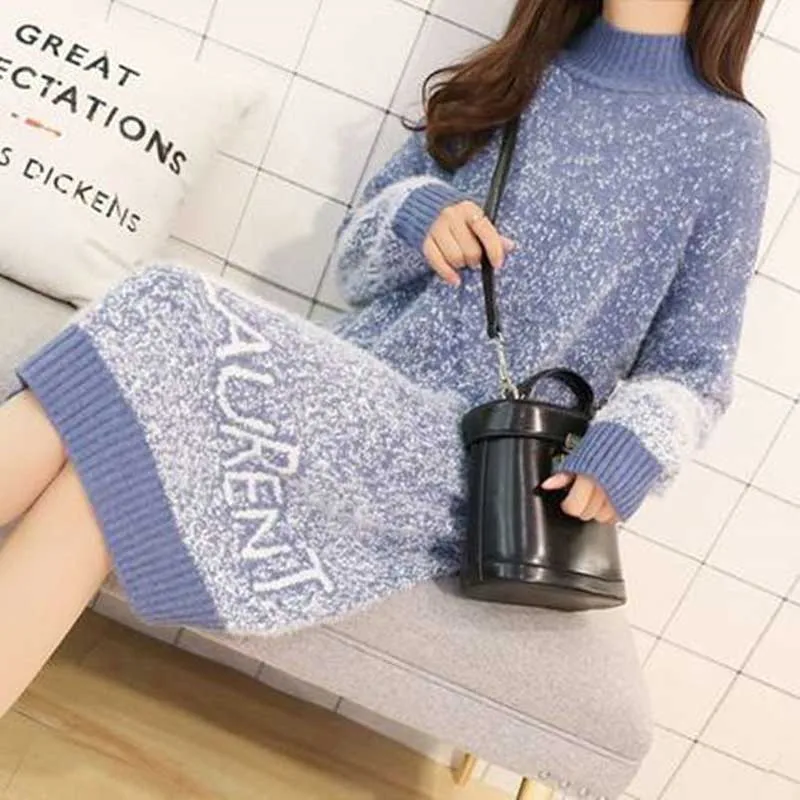 

Fashion Stand Collar Letter Korean Gradient Mini Dress Women's Clothing 2023 Winter Loose Knitted All-match Warm Casual Dresses