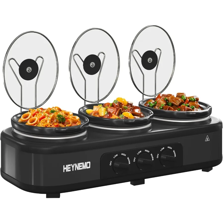 

Triple Slow Cooker with 3×1.5 QT Buffet Servers and Warmers for Large Gatherings Adjustable Temperature Settings Lid Rests for