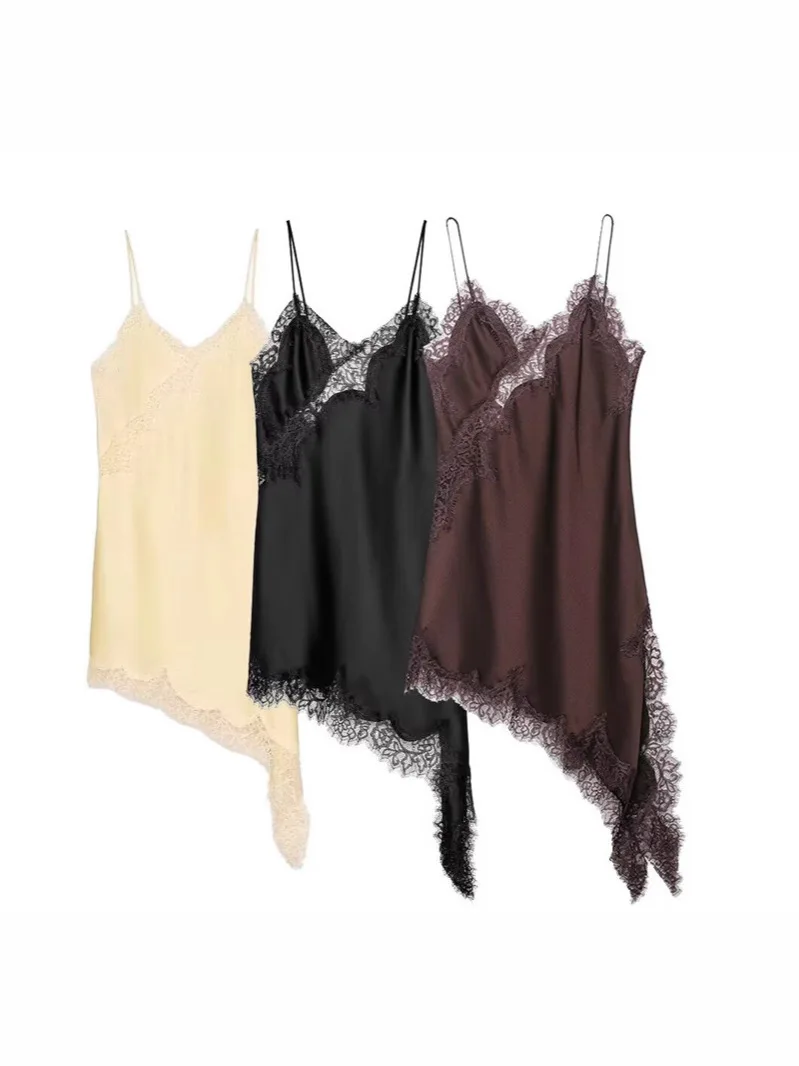 ブラウンサテンレーススプライシングスリングドレス女性エレガントな不規則な裾 V ネックバックレスノースリーブガウンシックな女性パーティークラブ Vestidos