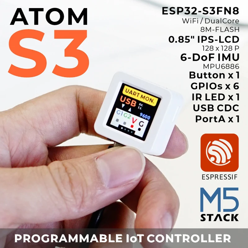 M5Stack-Kit oficial de desarrollo ATOMS3, controlador programable principal con pantalla de 0,85 pulgadas, aplicación IoT integrada, IoT portátil