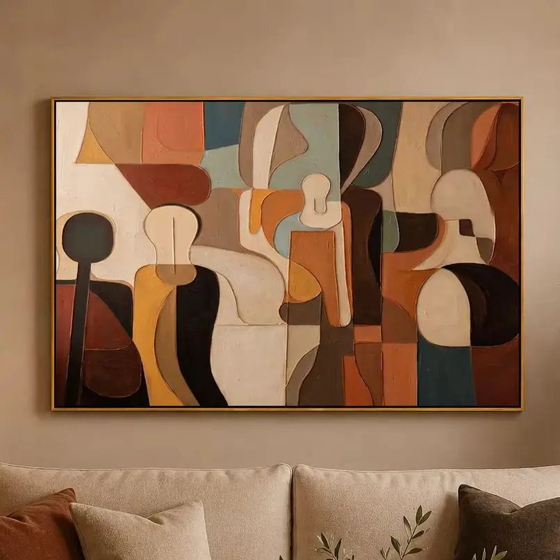 The Gathering Form – Peinture cubiste abstraite aux tons terreux/Impression sur toile pour chambre à coucher, salon, bureau et espace intérieur