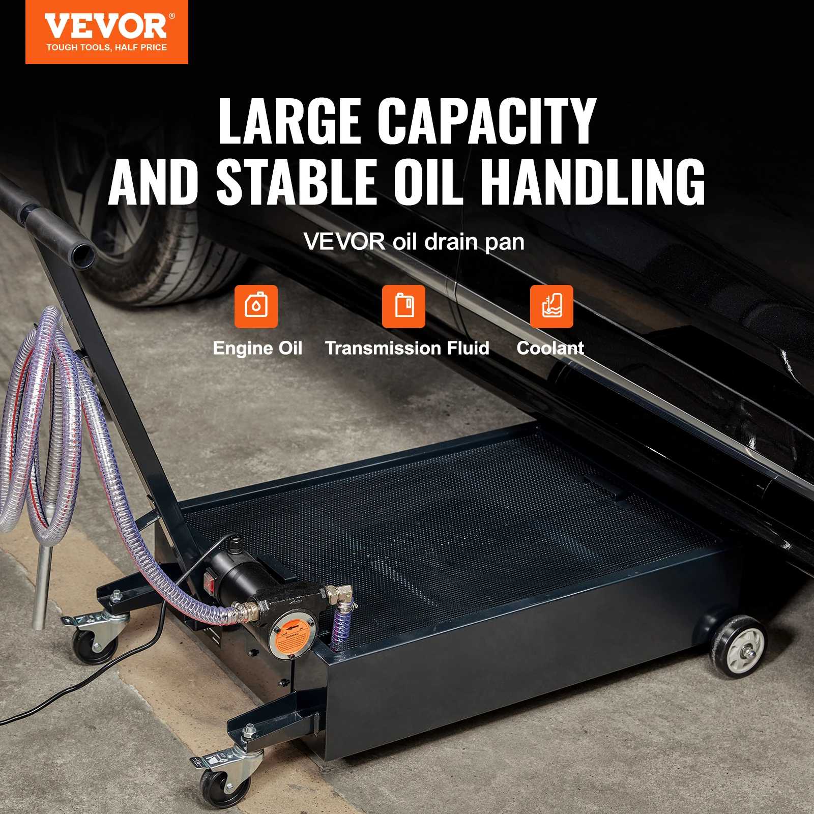 VEVOR Low Profile Oil Drain Pan 15 Gallon Oil Drain Pan with 180W Electric Pump 8.2ft Hose & Folding Handle for Trucks Buses RVs