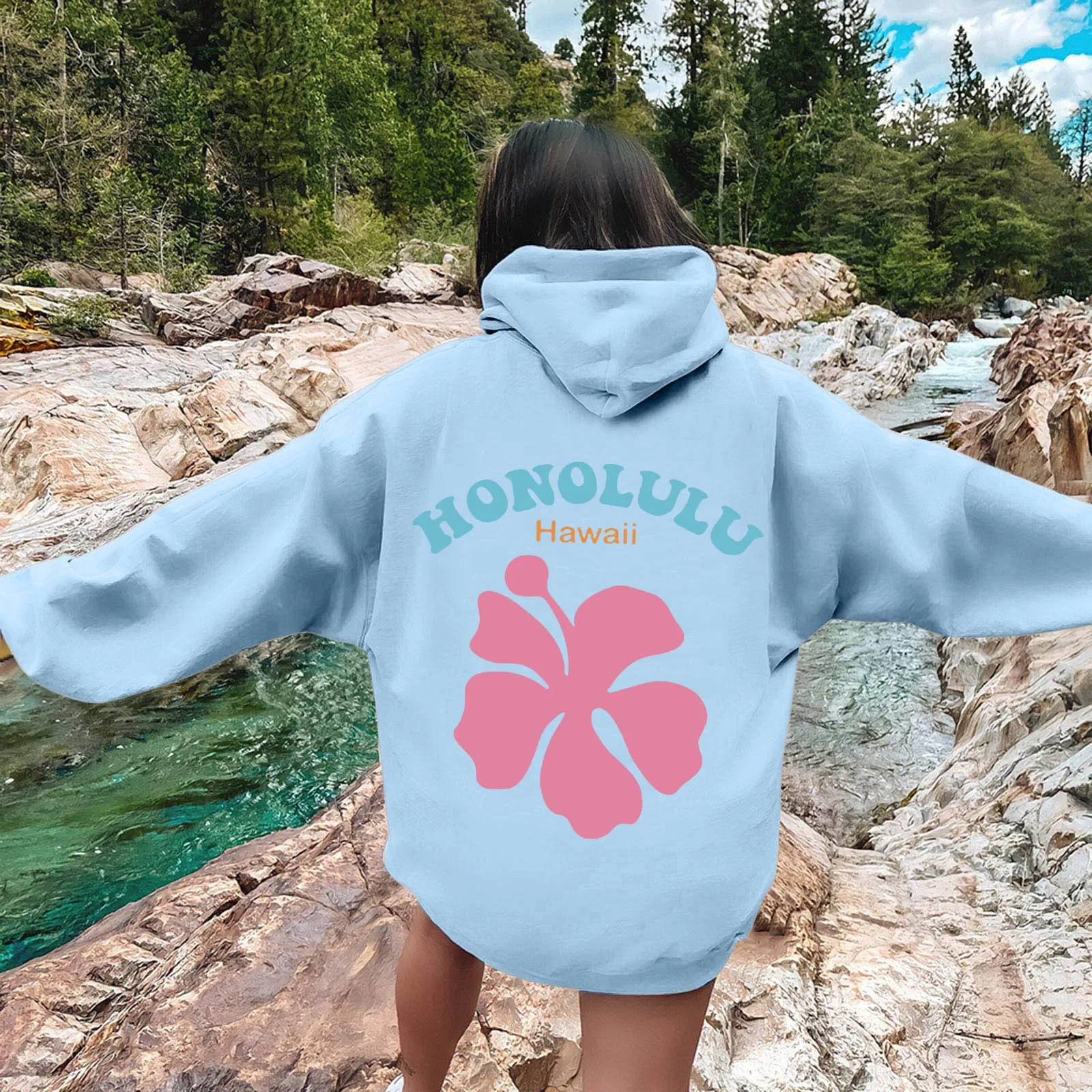 Hawaii Pink Flower Graphic letter Printed Hooded Women Oversized Hoodies High Quality Pullover Female Prevalent Sweatshirt Tops