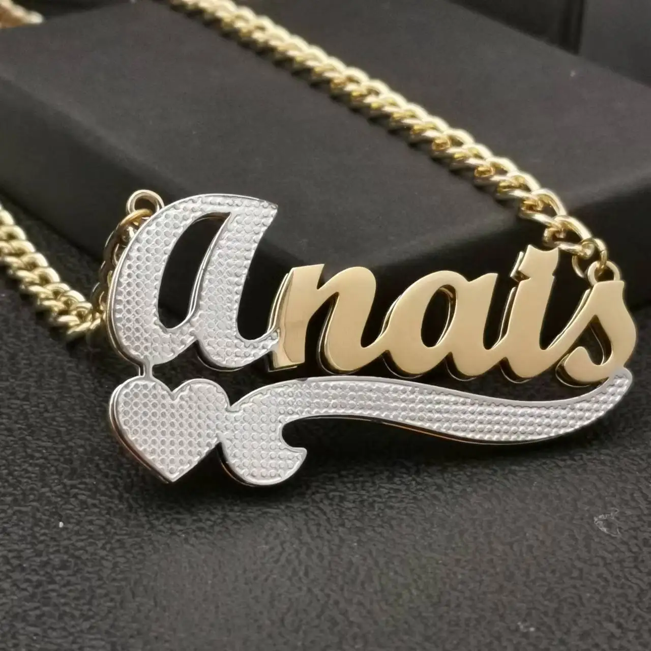 Personalized Necklace 3D Double Nameplate Pendant Custom Stainless Steel Name Necklace Diamond Cut Style With Underline Heart