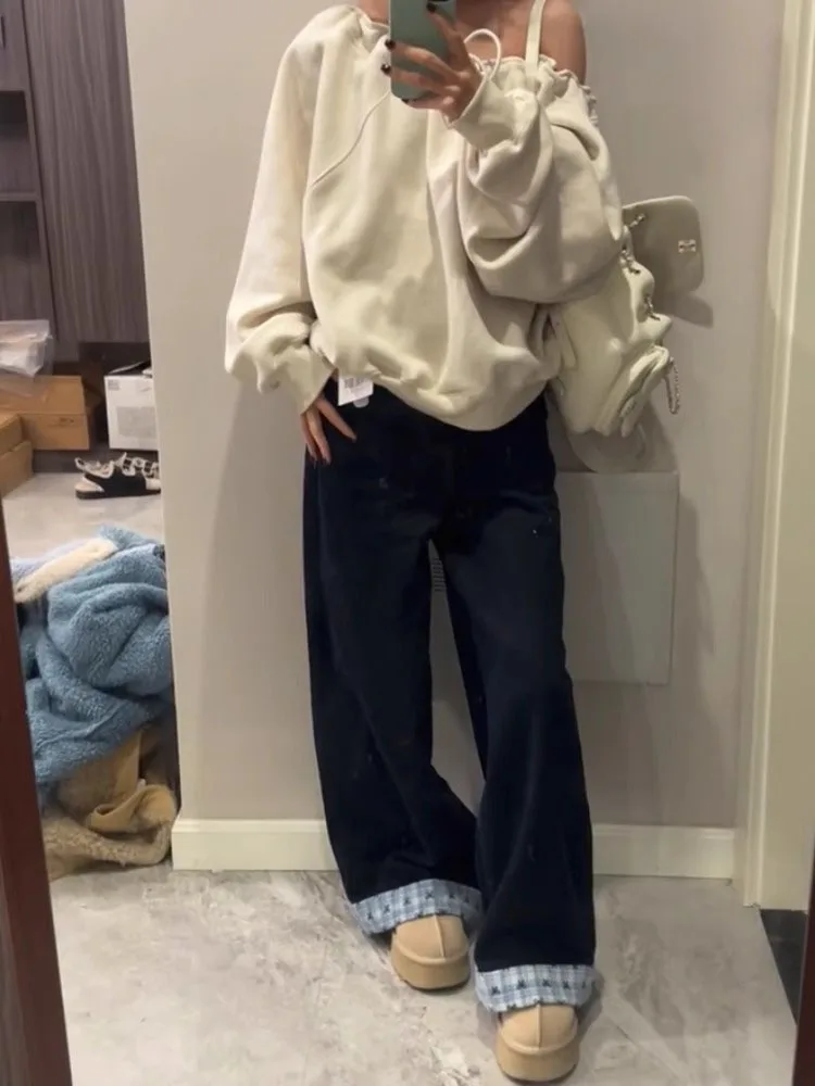 아메리칸 하이 스트리트 디자인 격자 무늬 패치 워크 여성 청바지 봄 새로운 느슨한 스트레이트 레그 와이드 레그 바닥 길이 바지