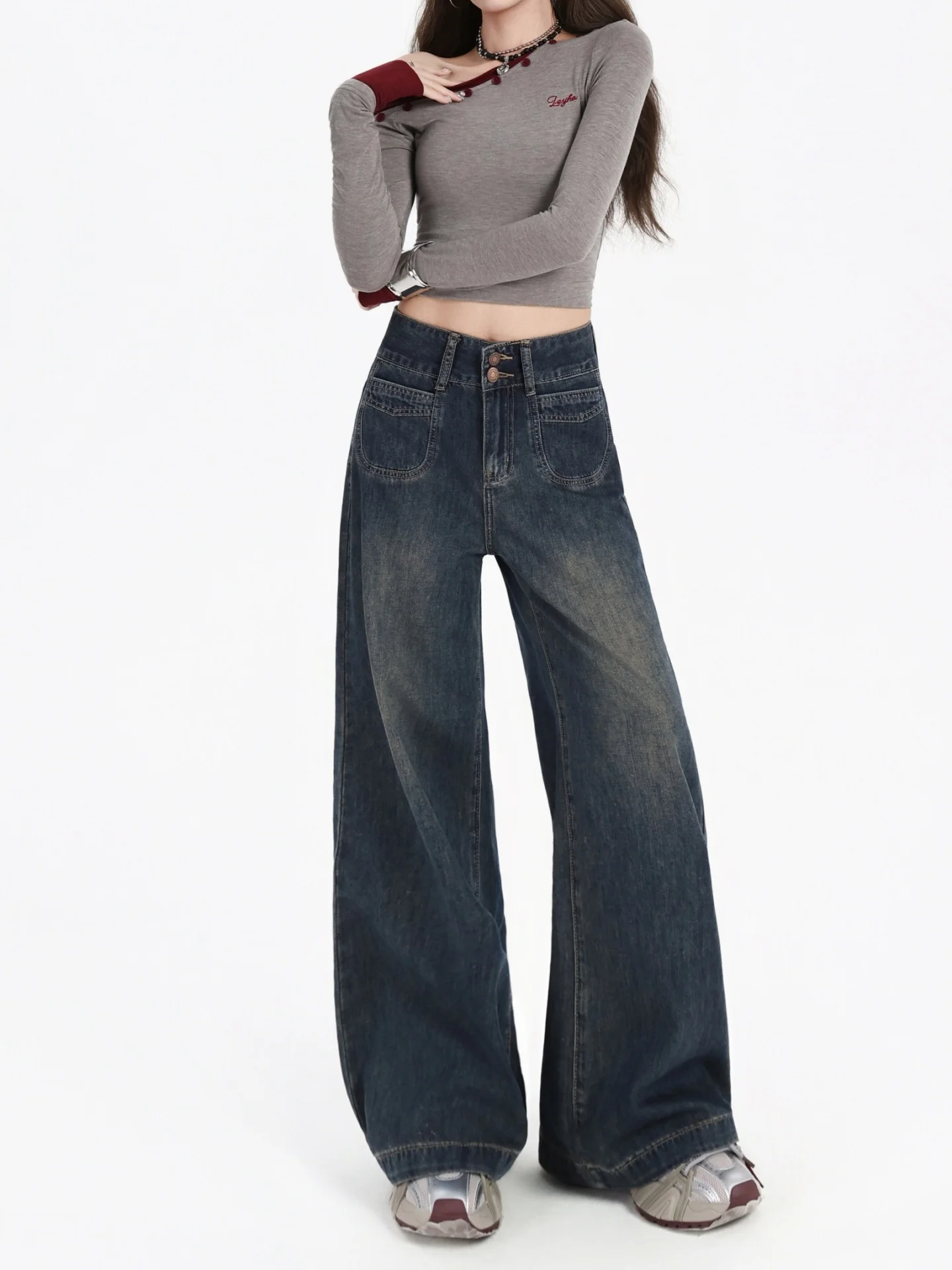 حجم كبير Fce اصطف ثي الدينيم الجينز المرأة الخريف الشتاء عالية الخصر بنطال ذو قصة أرجل واسعة التخسيس فضفاضة تناسب الأمريكية Sle #4