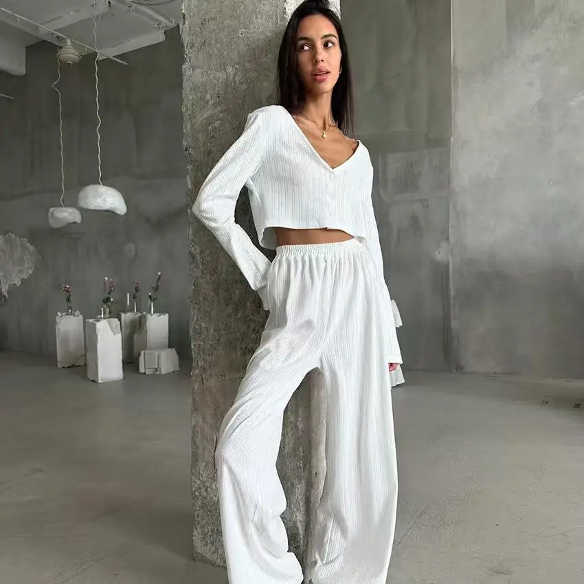 

Home Clothes Long Pants Set Hollow out Embroidery Top Long Pants V-ne Button Front Closure Autumn Season Women's Set