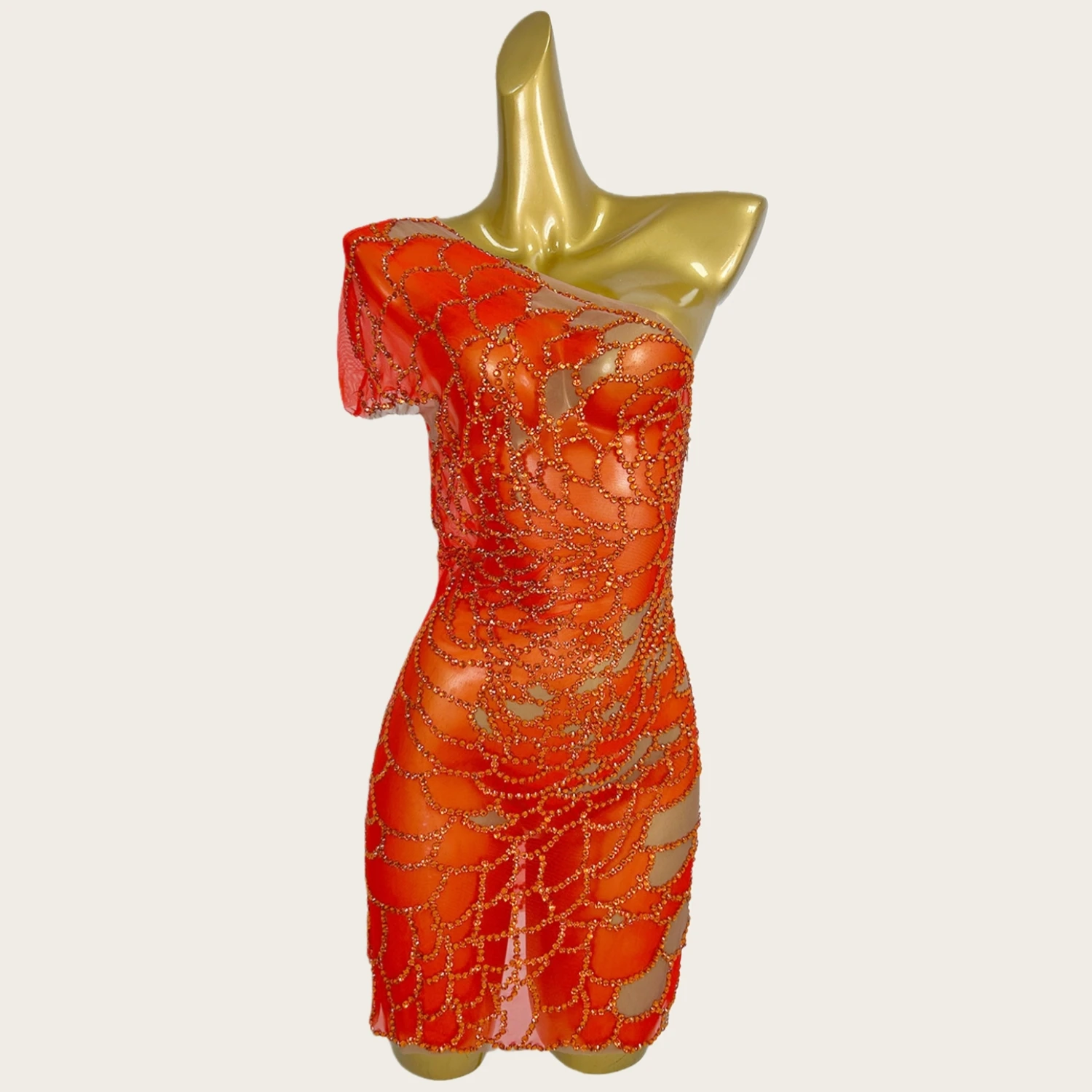 

Sparkly Rhinestone Slanted shoulder collar See Through Mesh Mini Dress Party Birthday Celebrate Party Sexy Orange Outfit Jinli