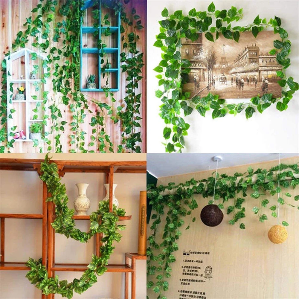 2.1M 12 Pcs Artificial Plant Green Ivy Leaf Garland Silk Wall Hanging Vine Home Garden Decoration Wedding Party Fake Leaves