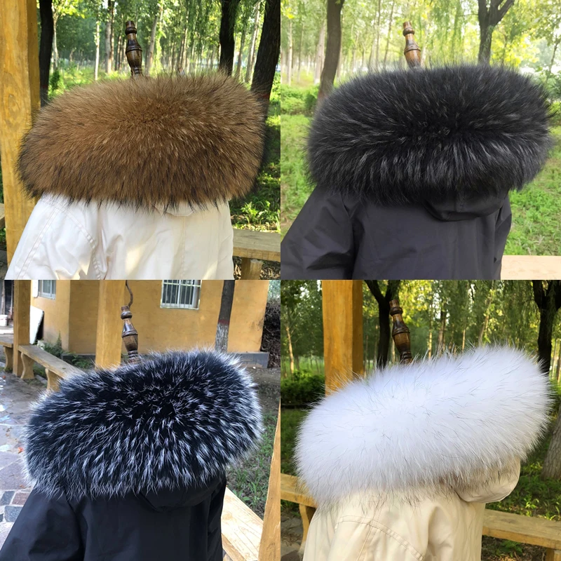 Luxury Natural Real Raccoon Fur Scarf Winter Fashion Coat Hat Straight Collar Women Hooded Warm Trim Scarves Genuine Long Shawl