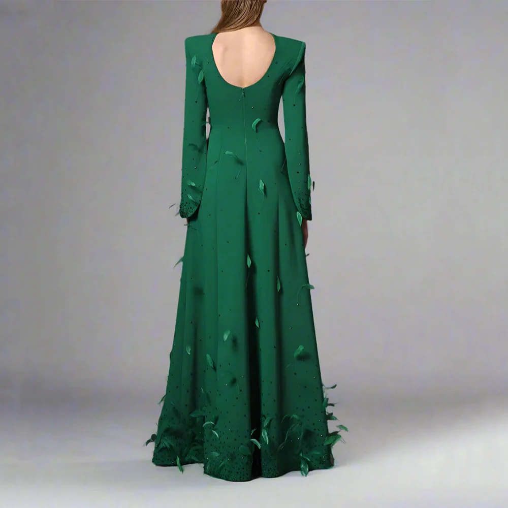 Eleganckie sukienki wieczorowe Arya Green z dżerseju, do ziemi, z dekoltem typu O, sukienki na studniówkę, z piórami, kryształami, Vestidos De Fiesta, szyte na miarę.