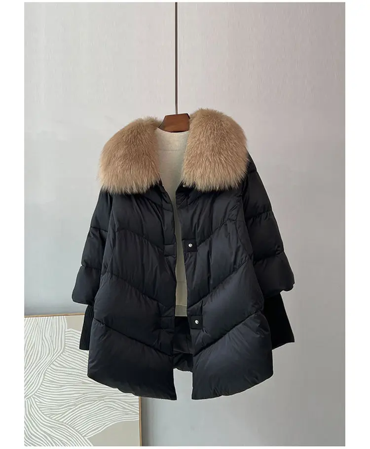 Winte White Down Duck Parka Big Fur Collar Cotton Padded Jacket Women Loose Puffer Coat Lightweight Pocket Female Outerwear