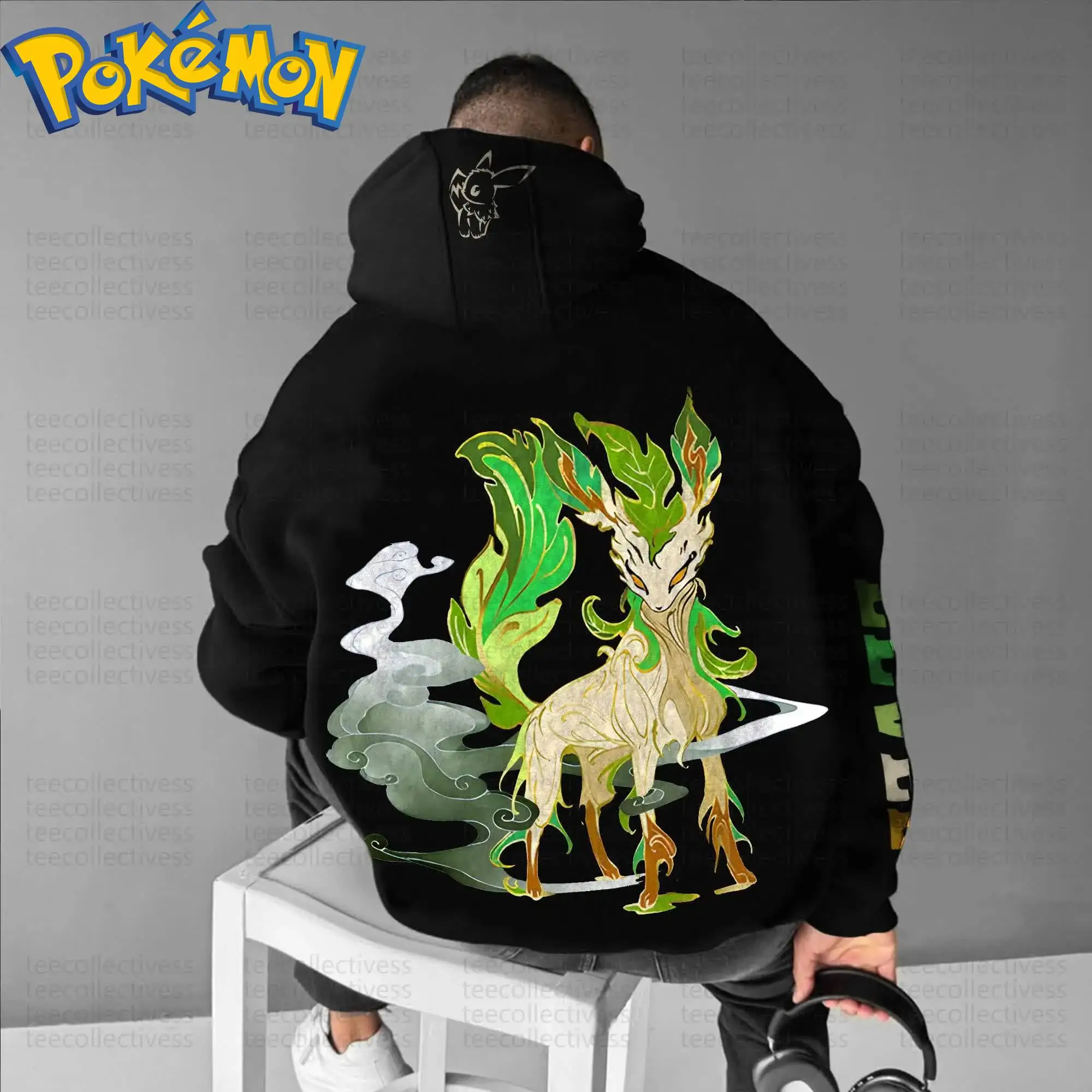 ชุดเสื้อฮู้ดผ้าฝ้ายลายโปเกมอนสไตล์ฮาราจูกุพร้อมกางเกงขายาว สีดำ พิมพ์ลายตัวละครพร้อมลวดลายใบไม้สีเขียวขาวและควัน ชุดสองชิ้น