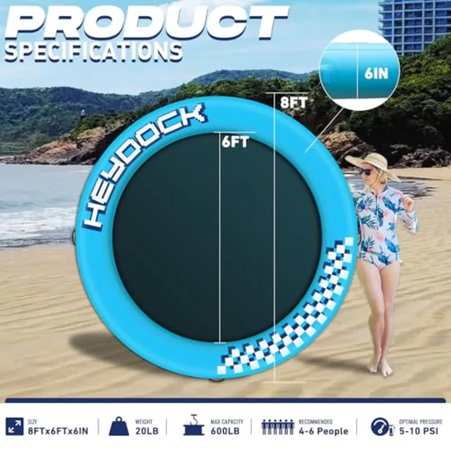 Inflatable Floating Ring Dock for lake pool ocean use, drop-stitch PVC material, blue color, ultra-stable 8-foot round water ha