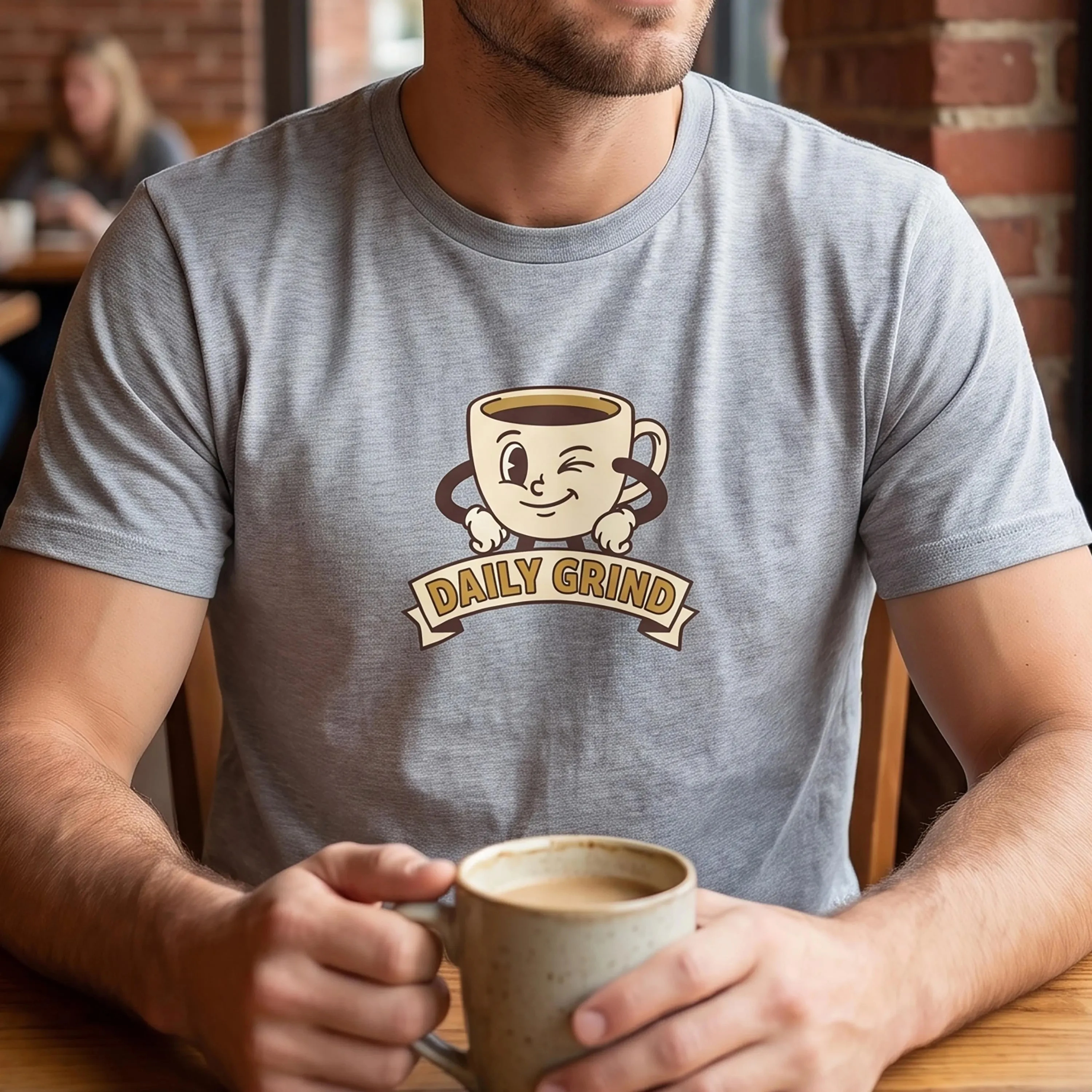 Daily Grind Coffee Shirt, Retro Coffee Mug Mascot Tee, Funny Vintage Cartoon Graphic T-Shirt, Coffee Lover, Cute Caffeine Top