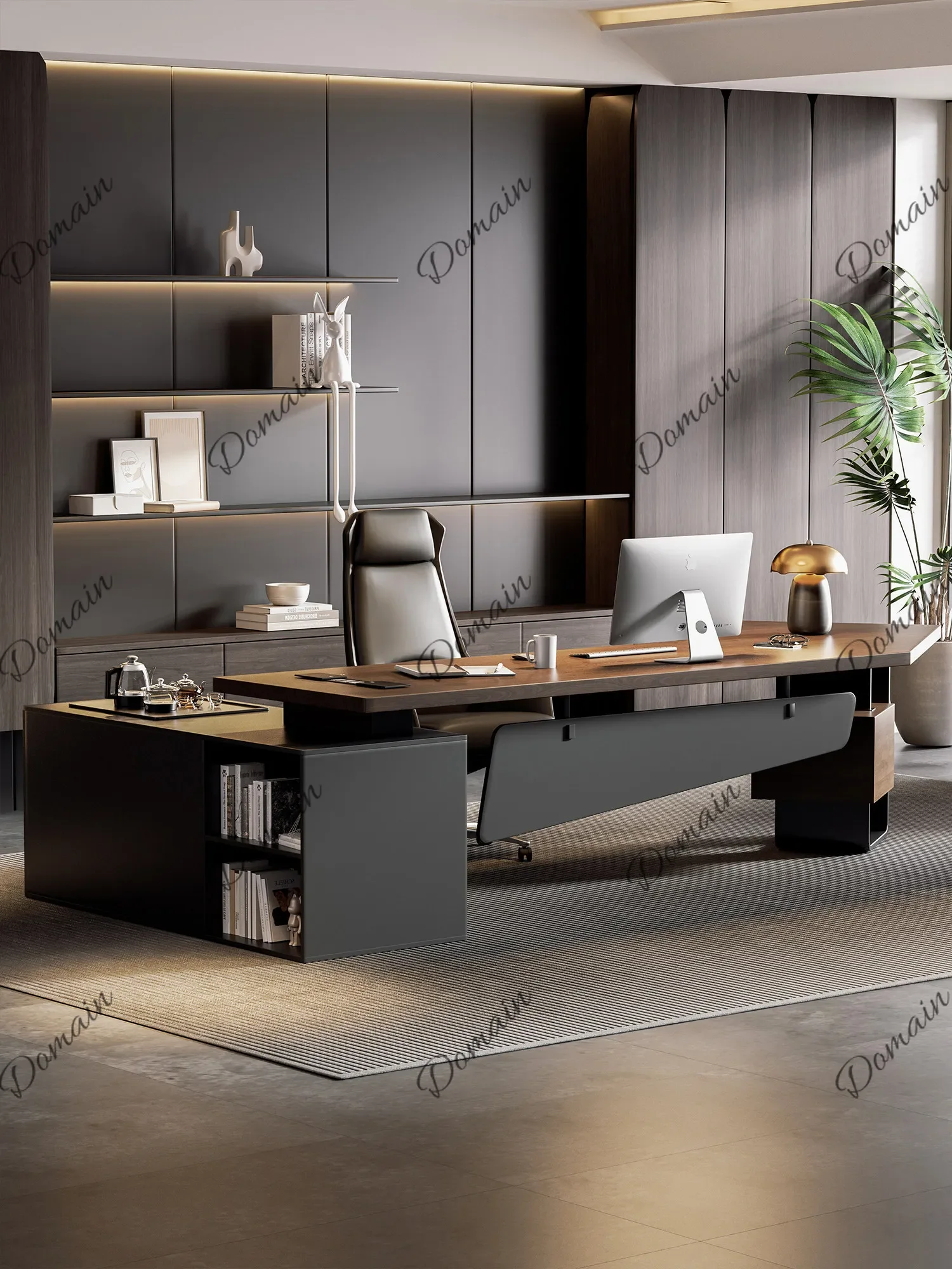 UY Minimalist Modern Solid Wood Executive Desk with Integrated Tea Table Irregular Shape Luxury Office Table H