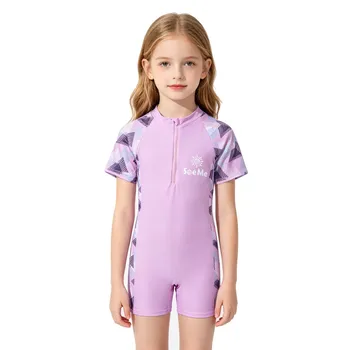 Girls' Pink Striped One-Piece Swimsuit | Short-Sleeve Zipper Rash Guard 5 Girls Pink Sporty Striped One Piece Swimwear Summer Short Sleeve Zipper Rash Guard Kids Quick Dry Bathing Suit for Beach 5