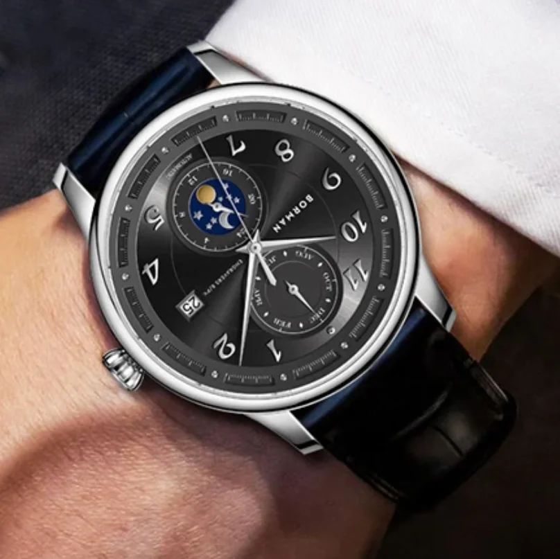 BORMAN Мужские автоматические часы 41 мм Механические наручные часы Водонепроницаемые с сапфировым стеклом Мультициферблат Месяц Дата 24 часа BORMAN Мужские автоматические часы 41 мм Механические наручные часы Водонепроницаемые с сапфировым стеклом Мультициферблат Месяц Дата 24 часа