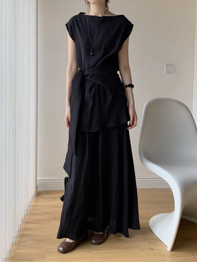 YERMORA Atasan Kasual Singkat Balutan Hitam Set Dua Potong Wanita Rok Setengah Tubuh Baru Longgar Leher-o Mode Pasang Musim Semi Musim Panas 2025