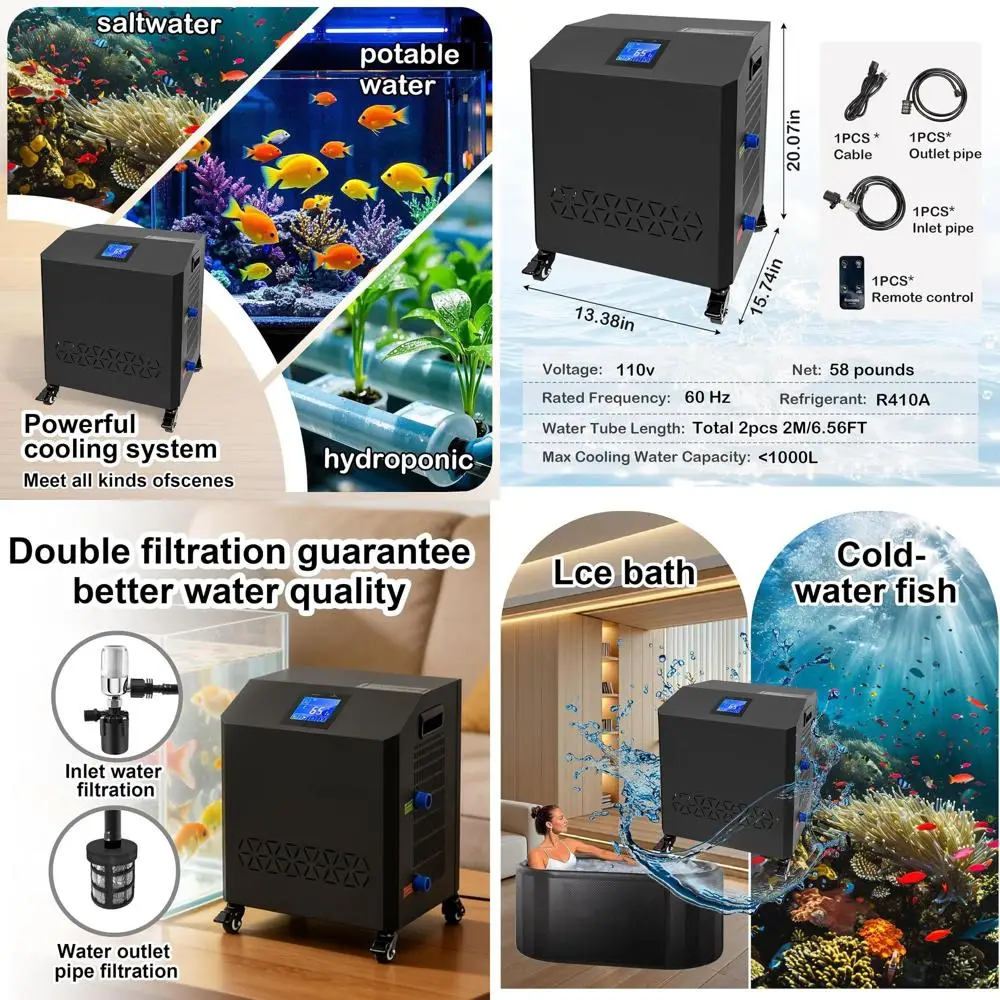 

Aquarium Chiller, LED Display Tank Chiller, 1 HP Chiller with Pump, Nozzles, and Hoops for Coral Reef Shrimp (264 Gallon)