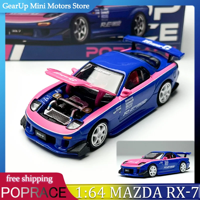 

POPRACE 1:64 Mazda RX-7 FD3S — синий, розовый, аэроторный двигатель Amemiya, режим JDM, ограниченная серия для моделей игрушечных автомобилей JDM Tuning Fans