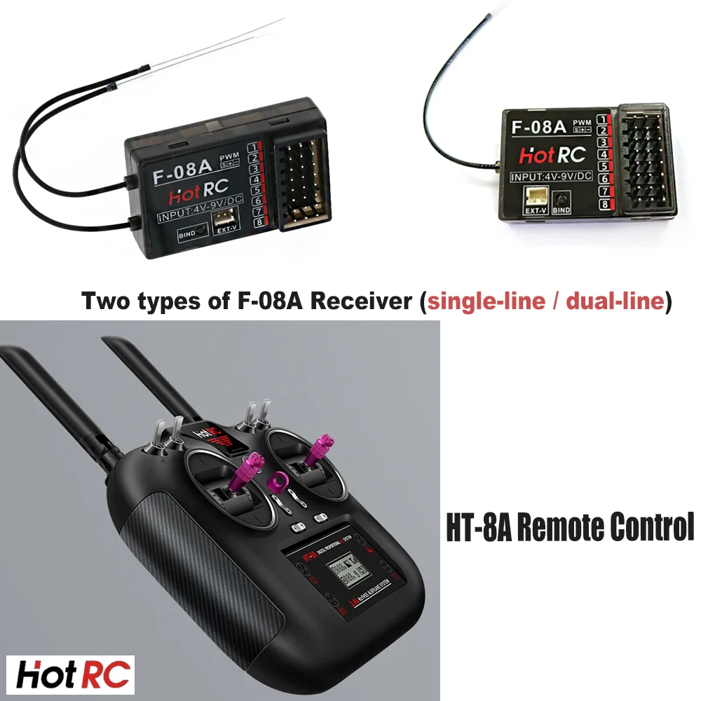 HotRC HT-8A 2.4GHz 8CH RC Transmitter PWM FHSS with F-08A Receiver Radio System Remote Controller for RC Drone Car Ship Tank