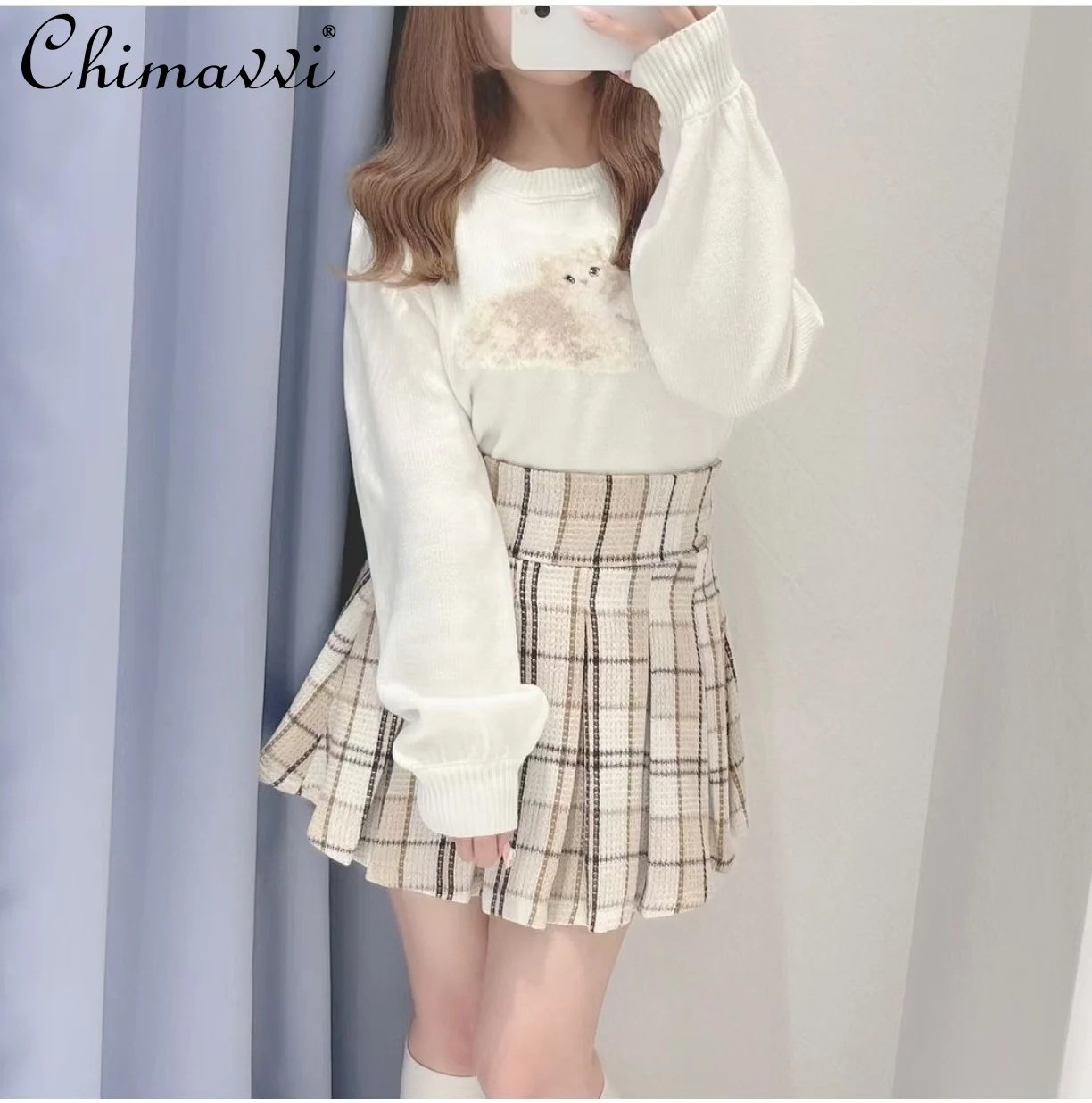 Autumn and Winter New Cute Cartoon Slim Knitted Sweater Japanese Sweet Girls Round Neck Slim-fitting Bottomed Pullovers Y2k Tops