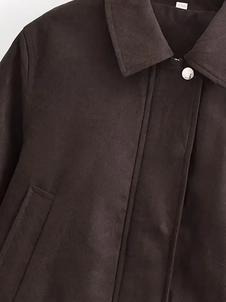 سترة نسائية موضة خريف 2025 عتيقة من جلد الغزال بأكمام طويلة وجيوب معاطف نسائية ضيقة بسحاب عالي الشارع #4