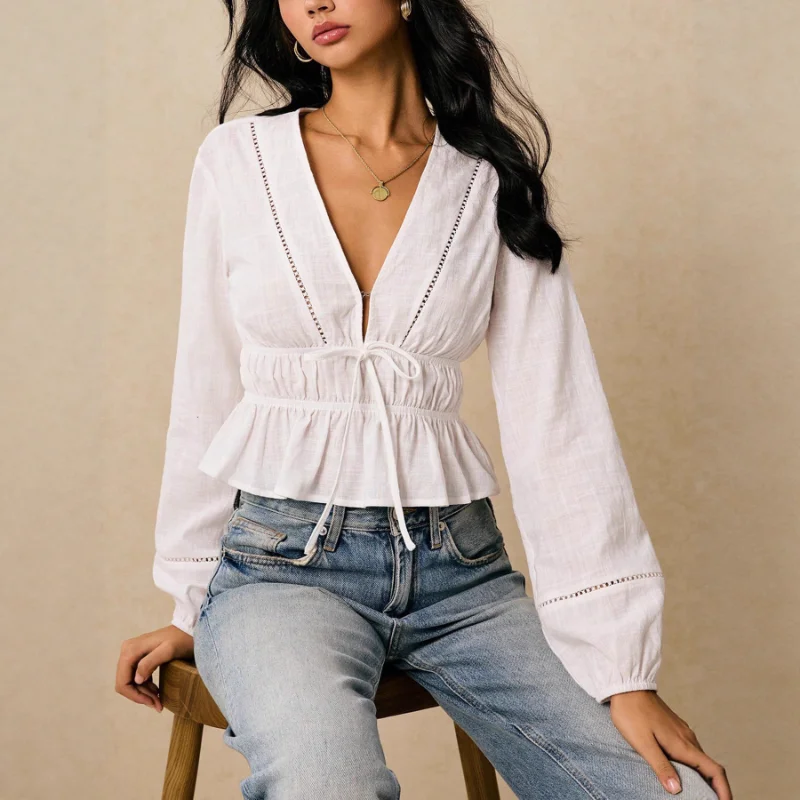 Women's Pink Satin Long Sleeve Top Scallop Trim Tie Front Slim Crop Blouse