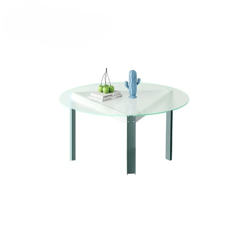 Minimalist color matching sea breeze blue round dining table living room multi-functional glass round table