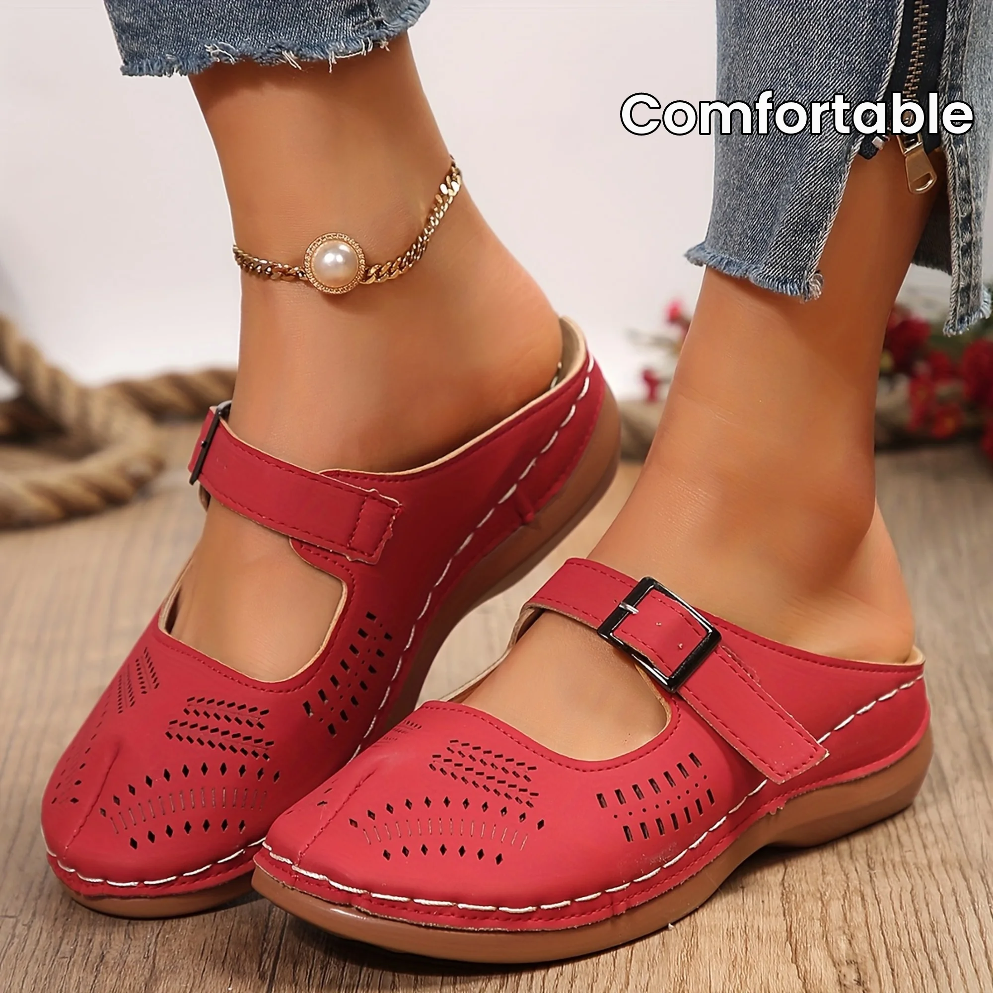 Womens Faux Leather Solid  Round Toe Flat Heel Wedge Sandals Comfortable Slip-on Buckle Strap Design, Soft Faux Leather Insole