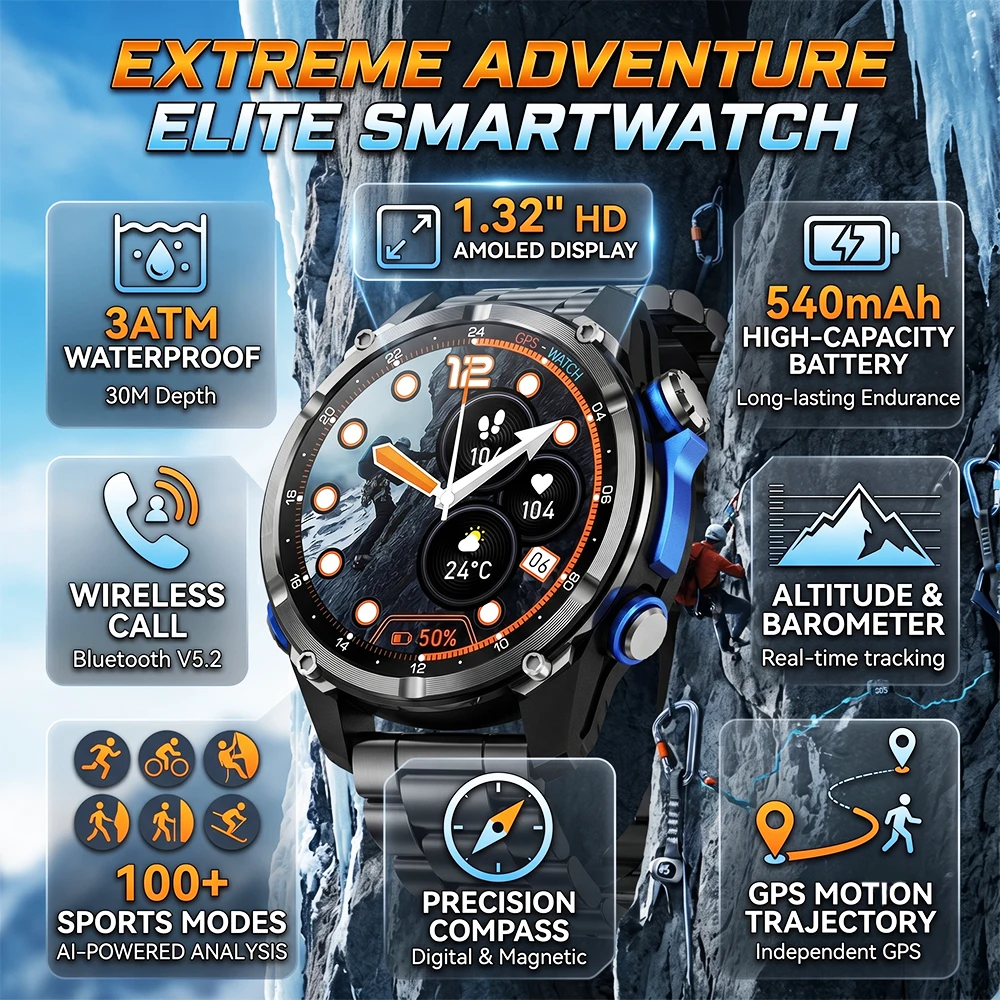 

GPS Outdoor Sports Watch Altitude Barometer Compass Heart Rate Health Monitoring 3ATM Waterproof HD Bluetooth Call Smart Watch