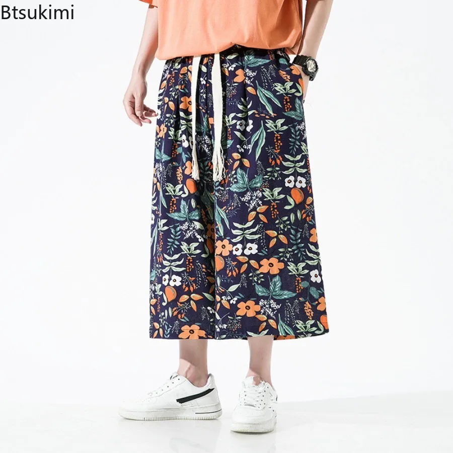 Fashion Men's Loose Casual Wide Leg Pants Streetwear Summer Chinese Style Printing Cotton Linen Drawstring Sweatpant for Men 5XL