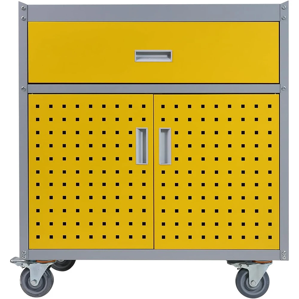 

Желтый ящик для инструментов, передвижной шкаф для хранения с 1 ящиком, 2 дверцами и 4 крючками для подвешивания