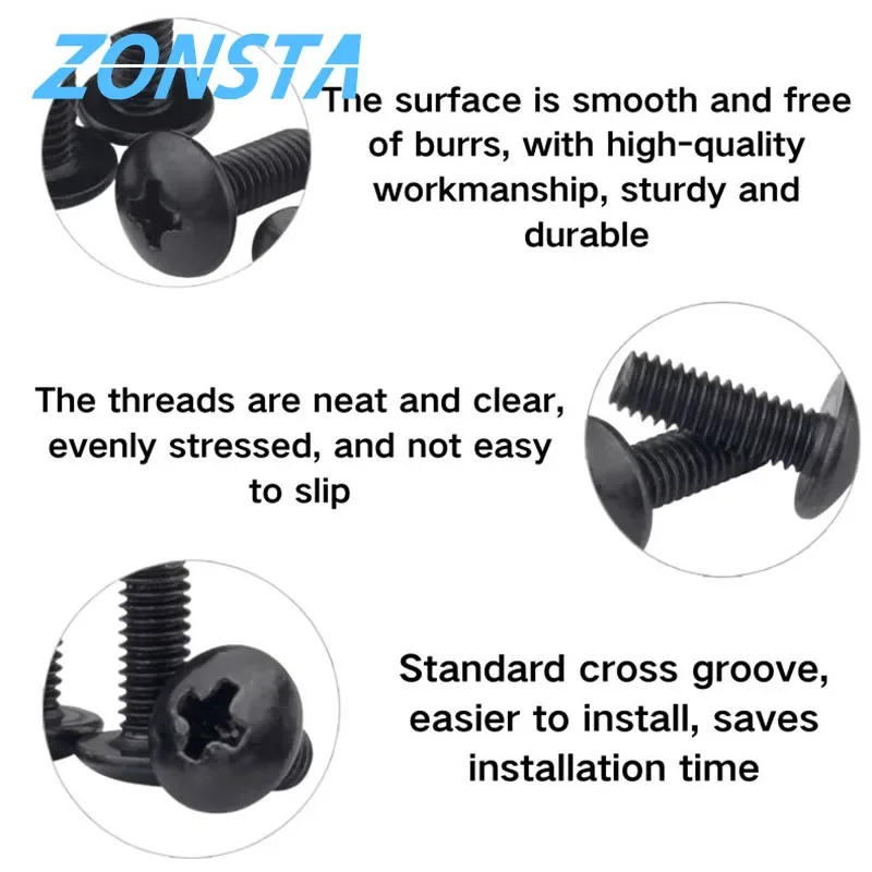 M2 M2.5 M3 M3.5 M4 M5 M6 Phillips Truss Head Screws Big Large round Mushroom Head Bolt Black Plated Carbon Steel TM Screw image 5