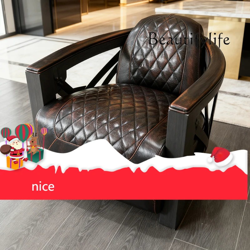 

sZMedieval solid wood sofa chair retro oil wax leather single sofa villa recliner leisure chair living room bar cigar chair