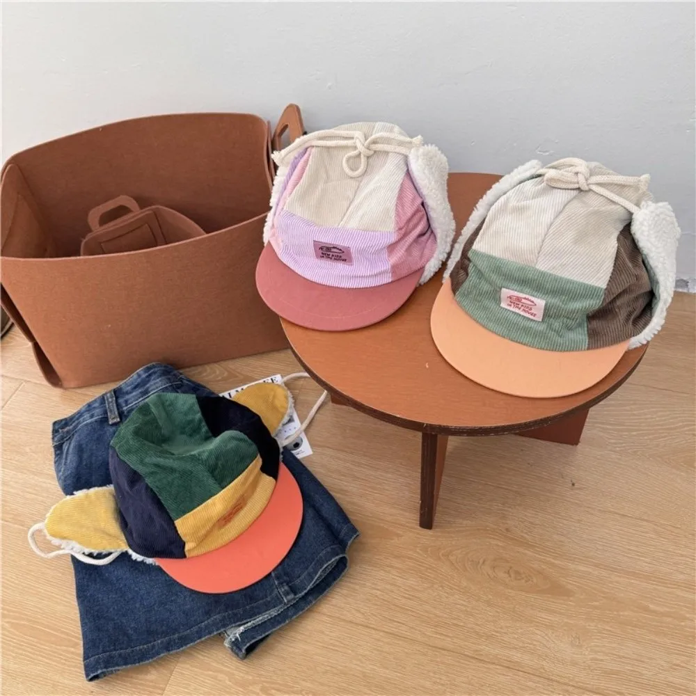 Vintage Patchwork Corduroy Infant Trapper Hat Warm with Sherpa Earflaps Winter Cap Windproof Ski Hat Toddlers