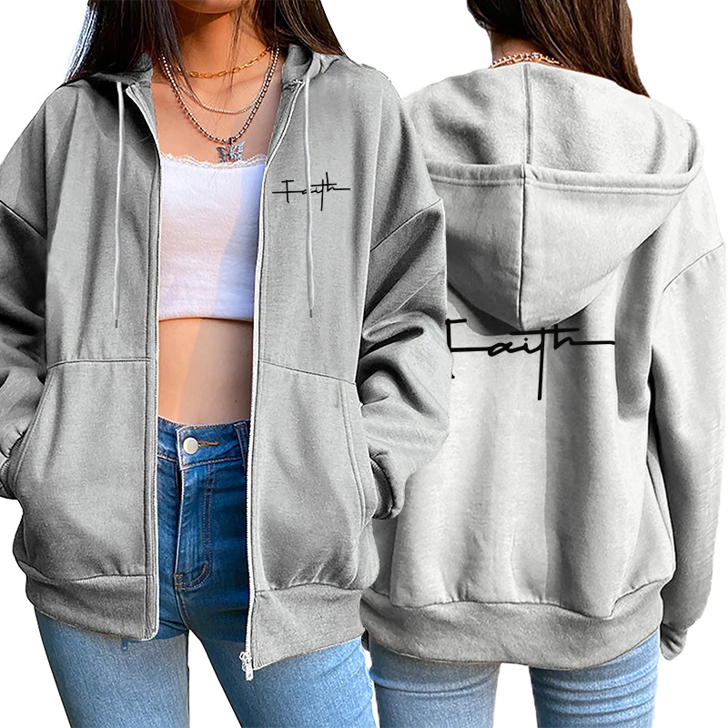 Damen-Strickjacke mit Reißverschluss, Mantel, bedruckt, lässiges Kapuzen-Sweatshirt, Sport-Jogging-Kleidung, hochwertige, vielseitige Straßenfrauenjacke – Detail 2