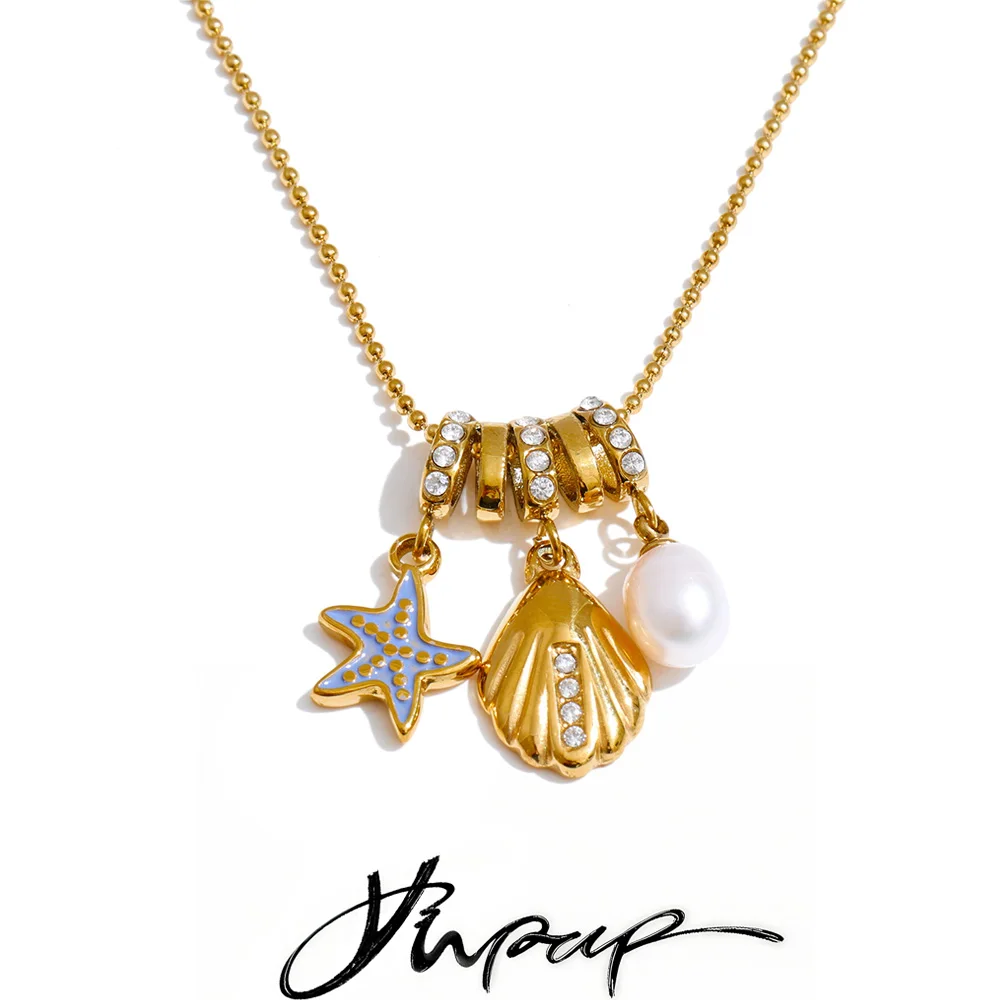 Yhpup Ocean Style Natural Pearl Starfish Shell Pendant Necklace Removable Chain PVD Golden Plated Summer Collar Jewelry Gift