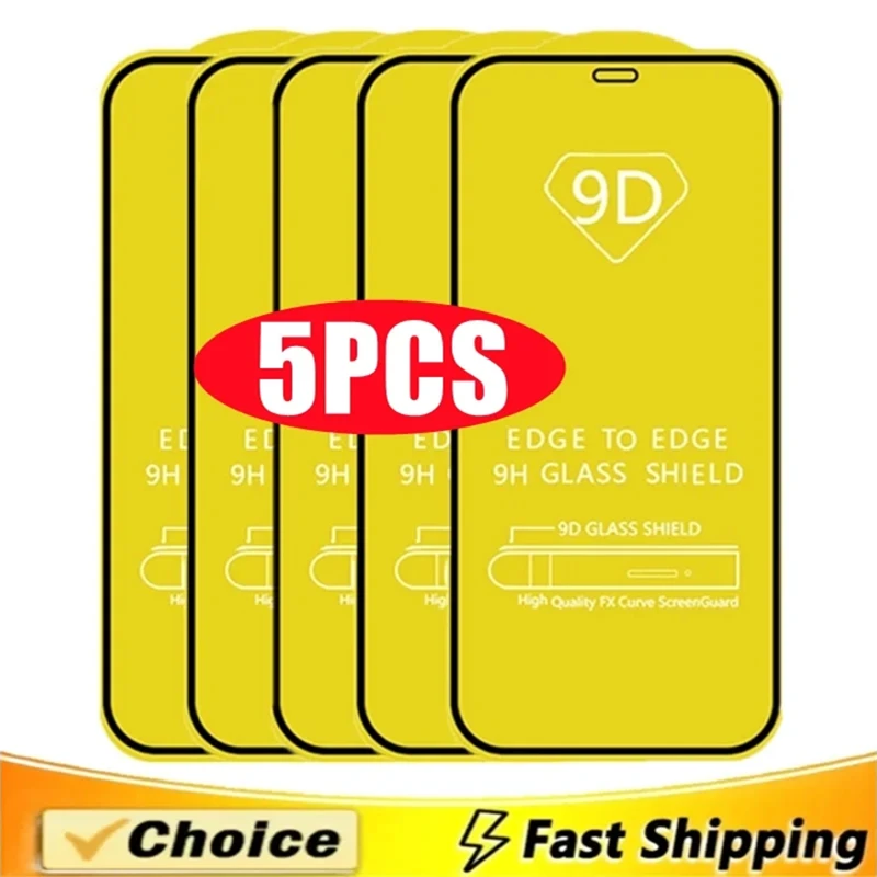 5Pcs 9D Protective Glass For iPhone 12 13 14 15 11 Pro Max Mini Screen Protector For iPhone XR X XS MAX 7 8 Plus Tempered Glass