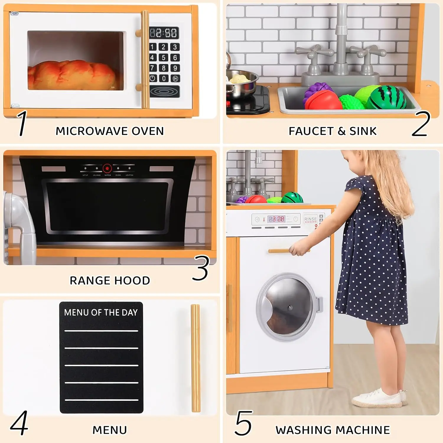 Cocina de juego para niños, juguete de simulación de Chef de madera con lavadora, dispensador de agua, estufa, sonido y luz reales, teléfono