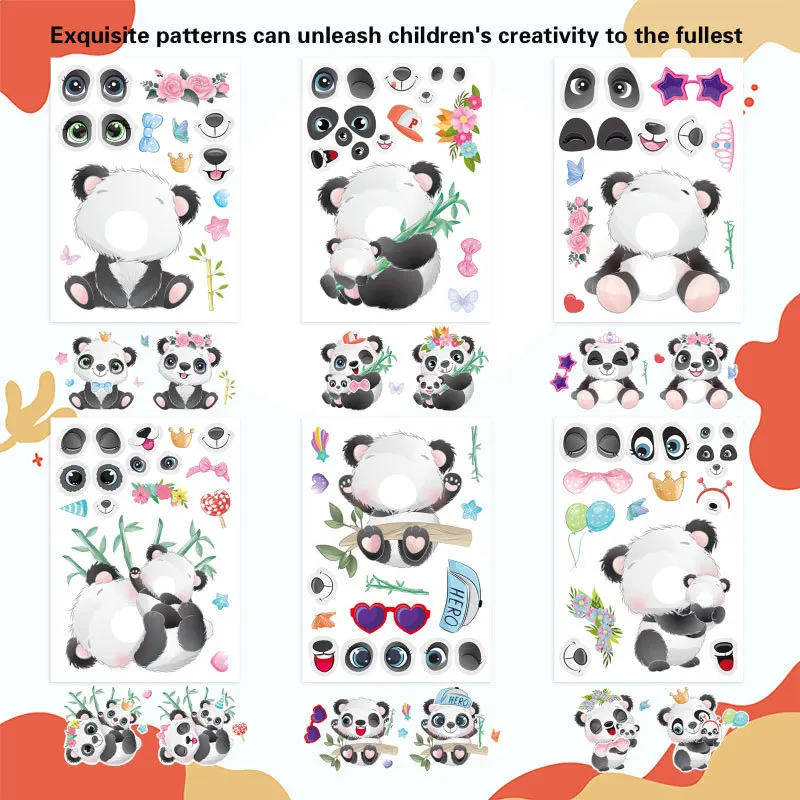 6/12 Blatt niedliche Panda-Puzzle-Aufkleber zum Gesichter-Machen, für Kinder, zum Erstellen eigener Tiere, zum Zusammenbauen von Puzzles, DIY-Spielzeug, Partyspiele, Dekoration