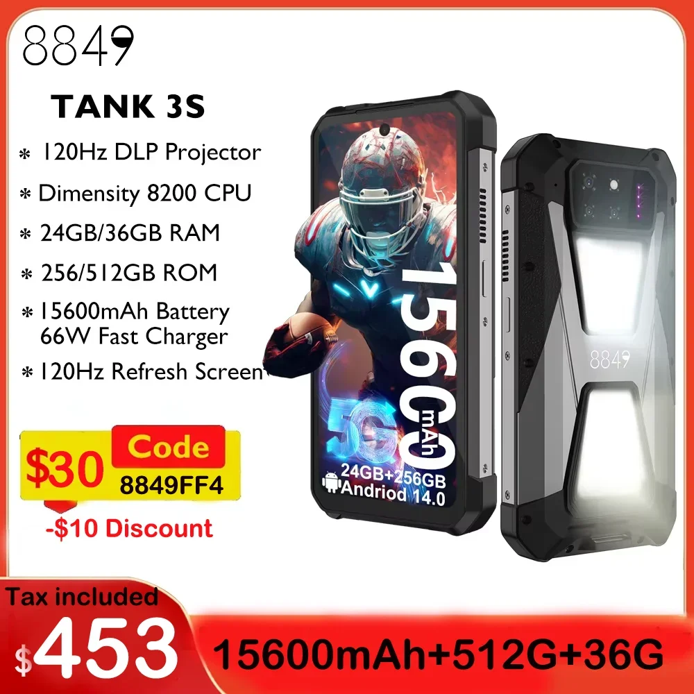 8849 Tank 3S Rugged Smartphone with Projector 24GB RAM 256GB ROM Dimensity 8200 5G 50MP Main Camrea 64MP Night Vision Dual Sim