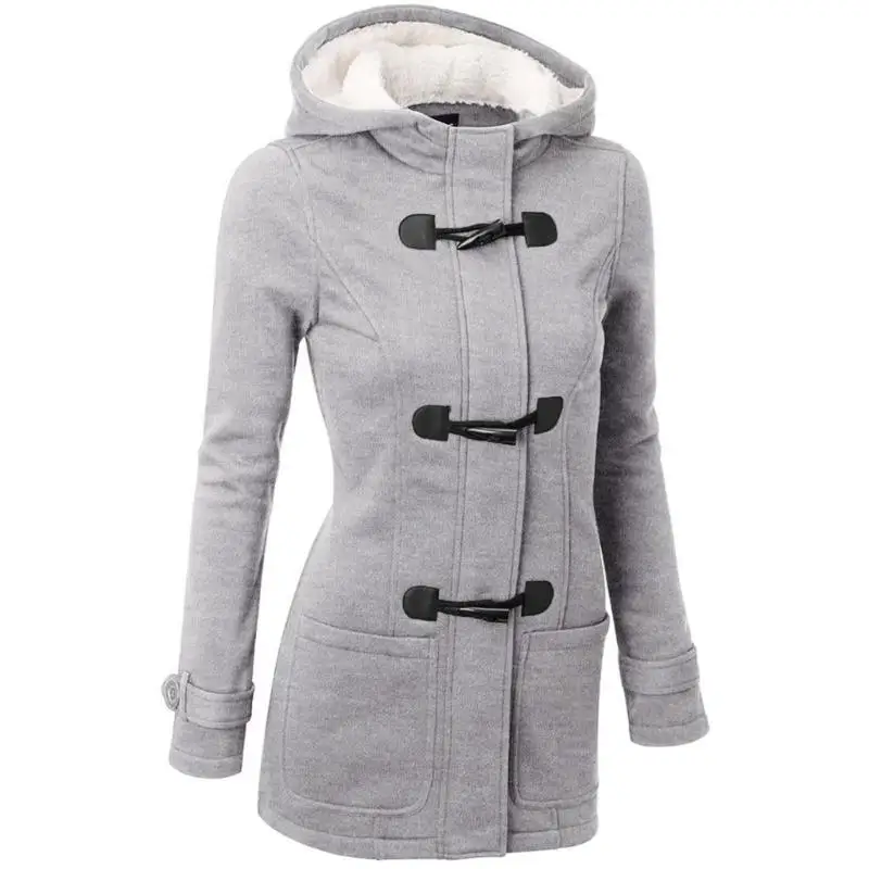 Damskie kurtki zimowe z wełny, ocieplane polarem, luźne, długie, zapinane na rożki, z kapturem, idealne na zewnątrz.