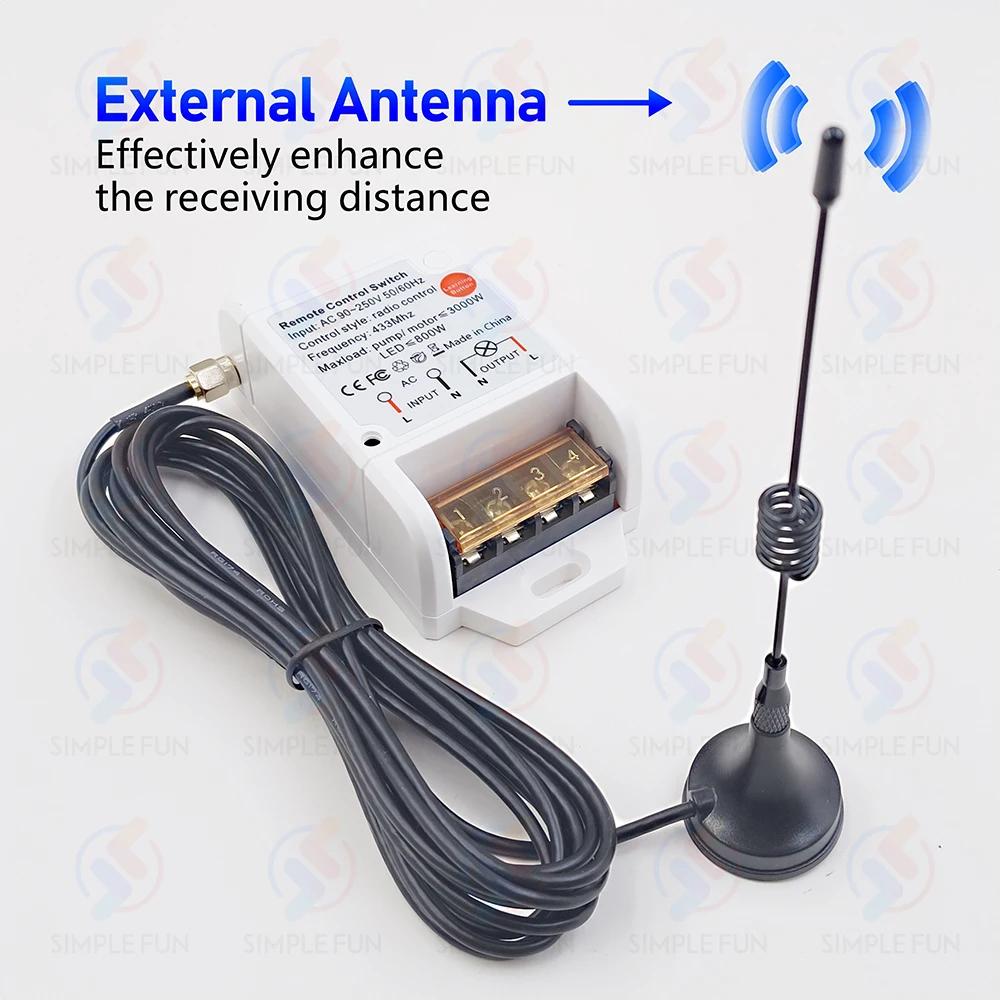 Wireless Pump Remote Control Switch 110V 220V,3000m Remote,30A High Power RF Module with 2m External Antenna,for Motor/Fan/Light