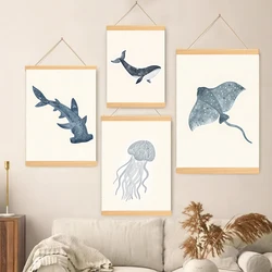 Ocean Wonders Wall Art Canvas Solid Wood Hanging Prints of Whale,Shark, Jellyfish & Stingray for Nautical Themed Room Decoration