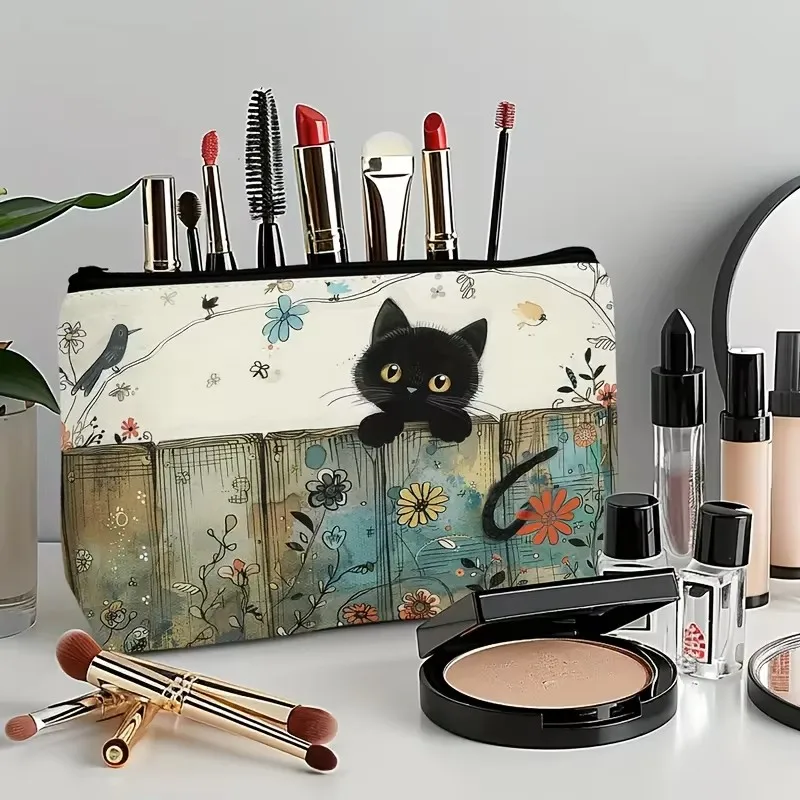 Black Cat Floral Zipper Pouch - Durable, Fade-Resistant Cosmetic Bag, Gift for Sisters, Friends, Cat Lovers | Vibrant Design image 4