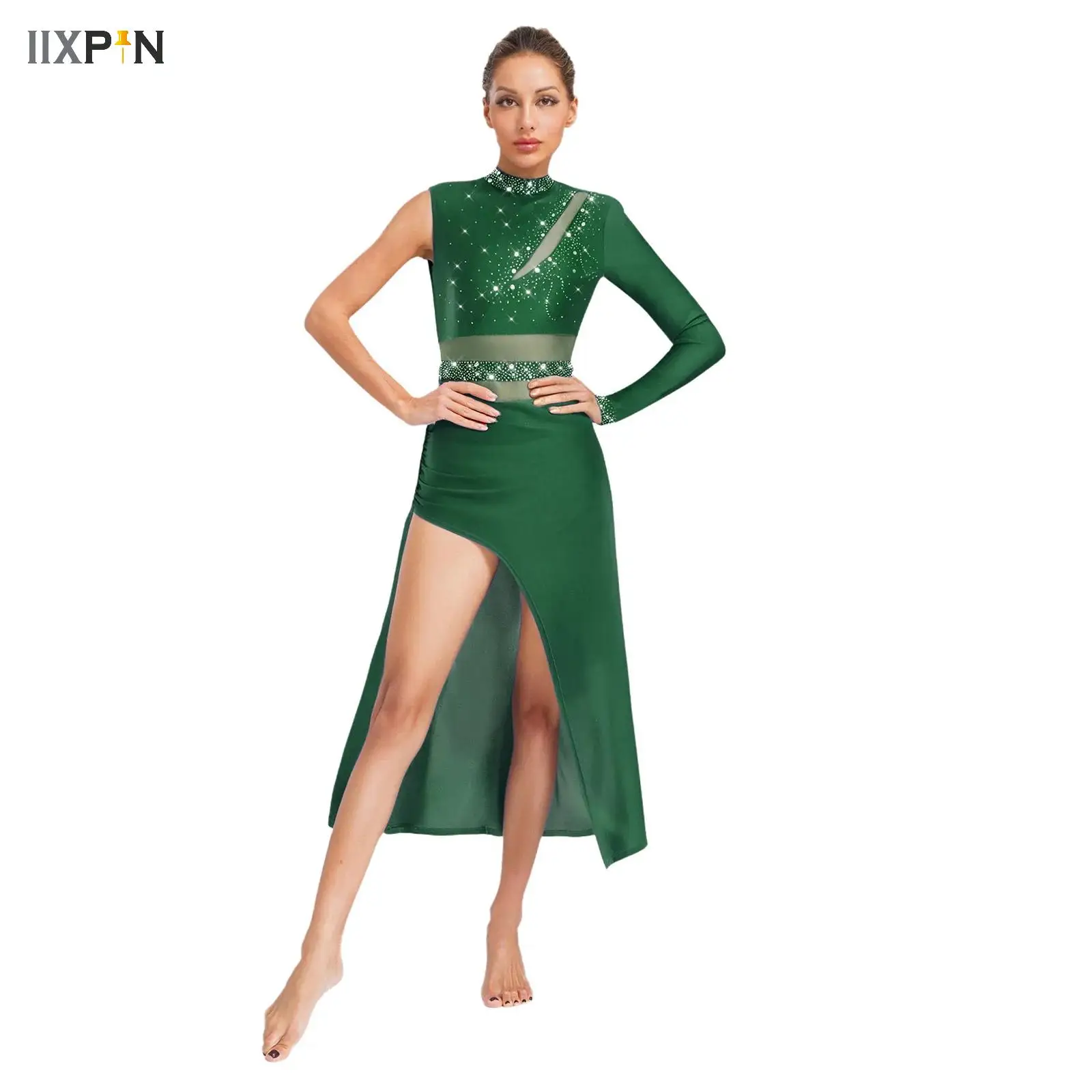 

Womens Ballet Dance Maxi Skirt Rhinestones Lyrical Dance Dress Gymnastics Leotard Modern Stage Performance Competition Costume