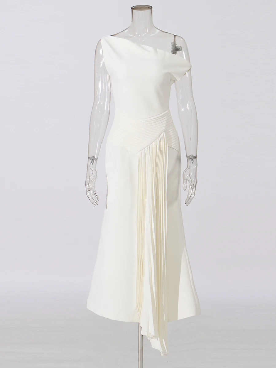 Eleganckie sukienki midi wyszczuplające dla kobiet z asymetrycznym dekoltem, odkrytymi ramionami, patchworkiem i zakładkami, odzież damska, nowość.